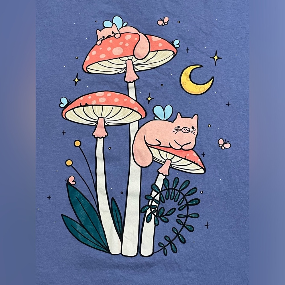 Medium purple, graphic T-shirt, with mushrooms, cats.